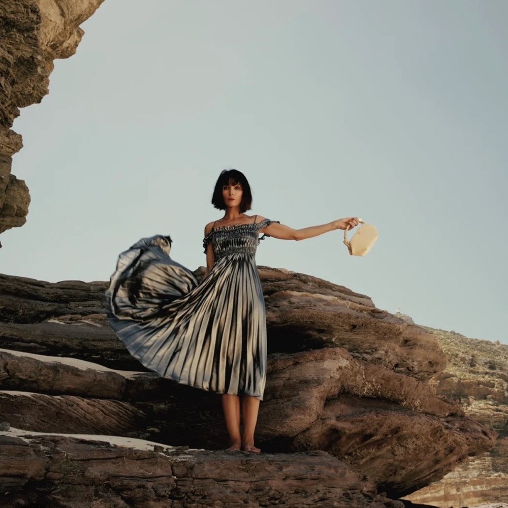 Off-Shoulder Silver Pleated Midi Dress